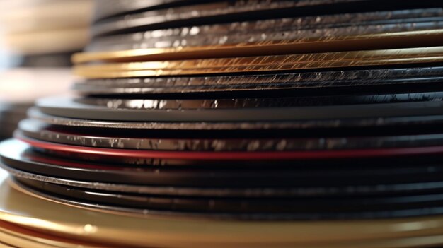 A close up of a stack of plates with a red stripe generative ai