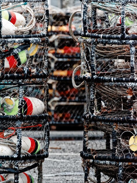 Close-up of stacked fishing nets