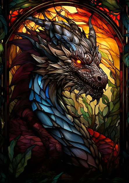 a close up of a stained glass dragon in a stained glass window generative ai