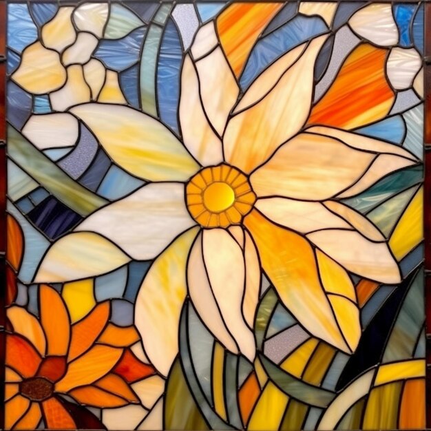 a close up of a stained glass panel with a flower generative ai