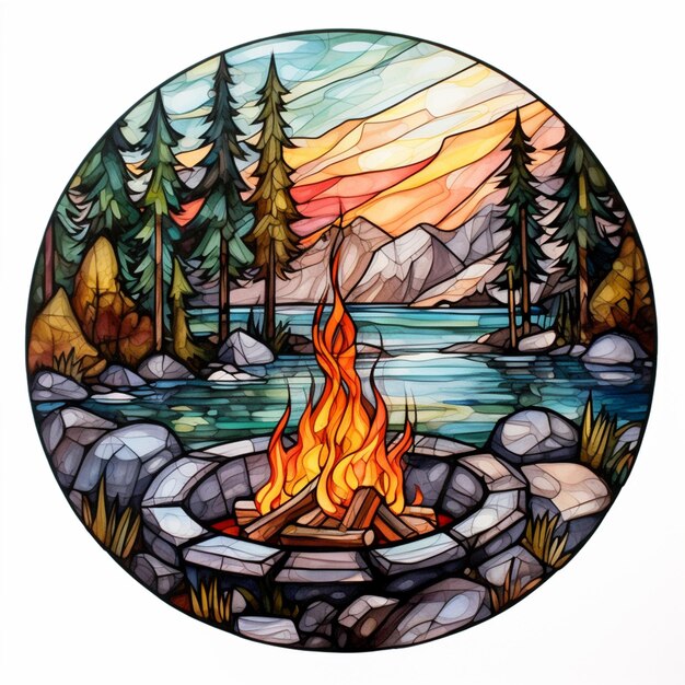 a close up of a stained glass picture of a campfire generative ai