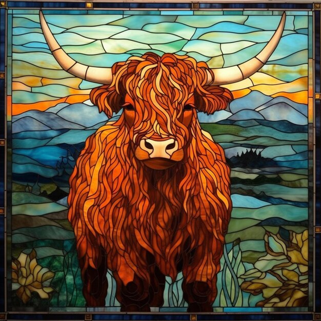 A close up of a stained glass picture of a cow generative ai