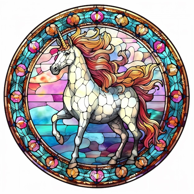 A close up of a stained glass picture of a horse generative ai