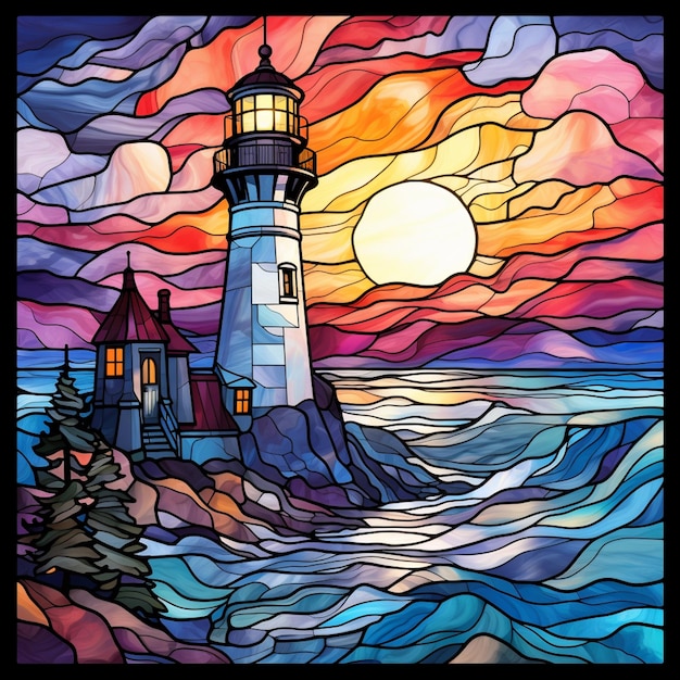 a close up of a stained glass picture of a lighthouse generative ai