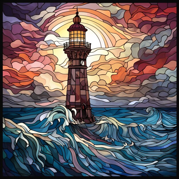 a close up of a stained glass picture of a lighthouse on a wave generative ai