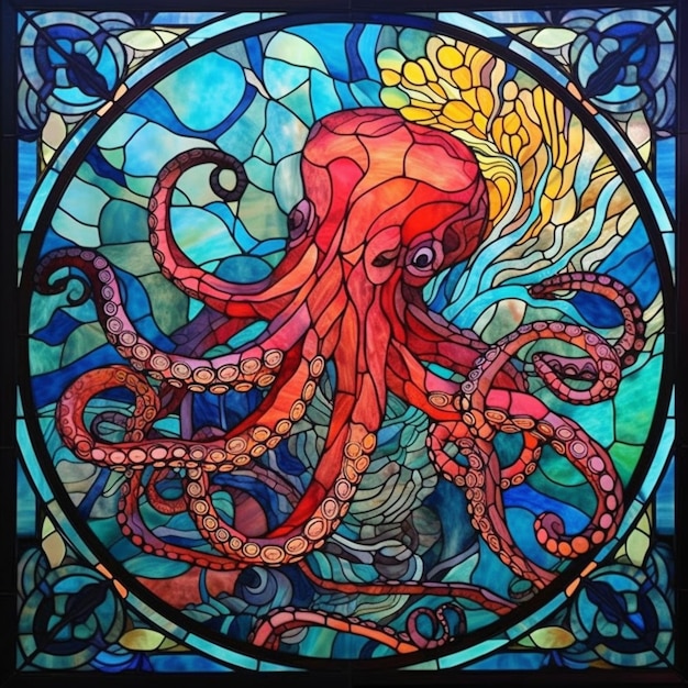 A close up of a stained glass picture of an octopus generative ai