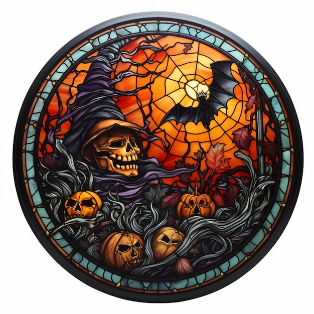 a close up of a stained glass picture of a skeleton and pumpkins generative ai
