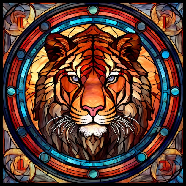 A close up of a stained glass picture of a tiger generative ai