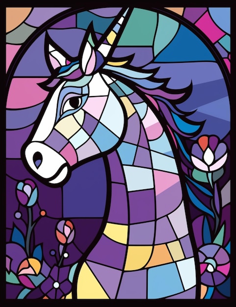 a close up of a stained glass picture of a unicorn generative ai