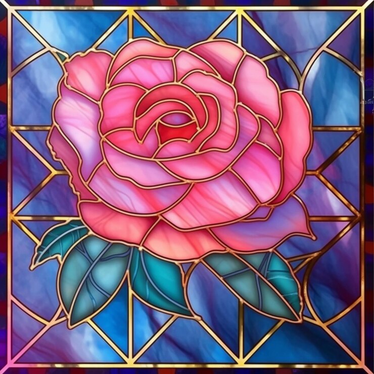 Photo a close up of a stained glass rose with a purple background generative ai