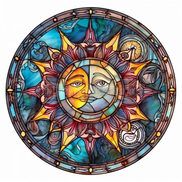 A close up of a stained glass sun with a face generative ai