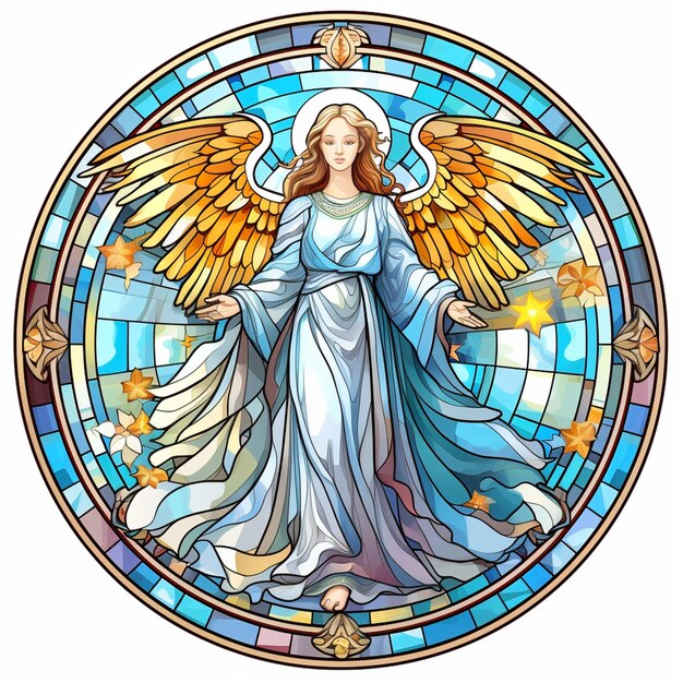 A close up of a stained glass window with an angel generative ai