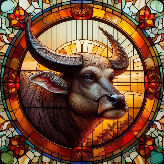 Photo a close up of a stained glass window with an banteng