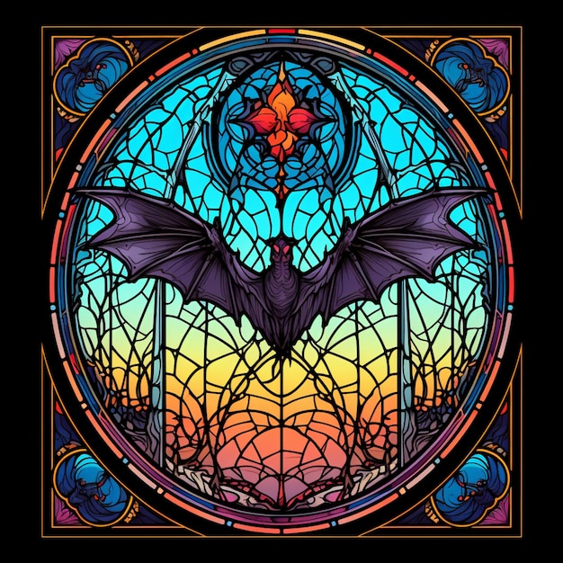 A close up of a stained glass window with a bat in it generative ai