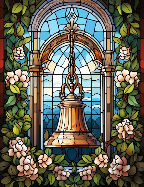 A close up of a stained glass window with a bell in it generative ai