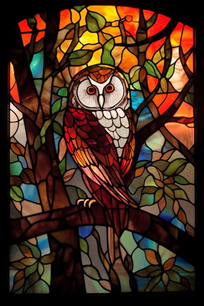 a close up of a stained glass window with a bird on a tree branch generative ai