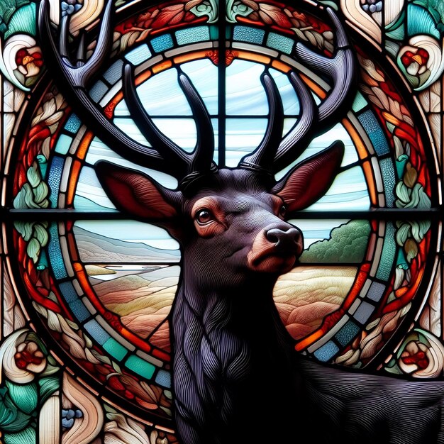 A close up of a stained glass window with an black buck