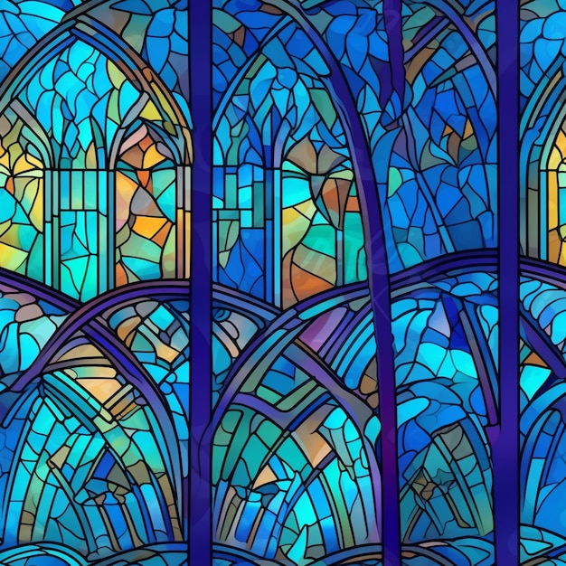 Photo a close up of a stained glass window with a blue background generative ai