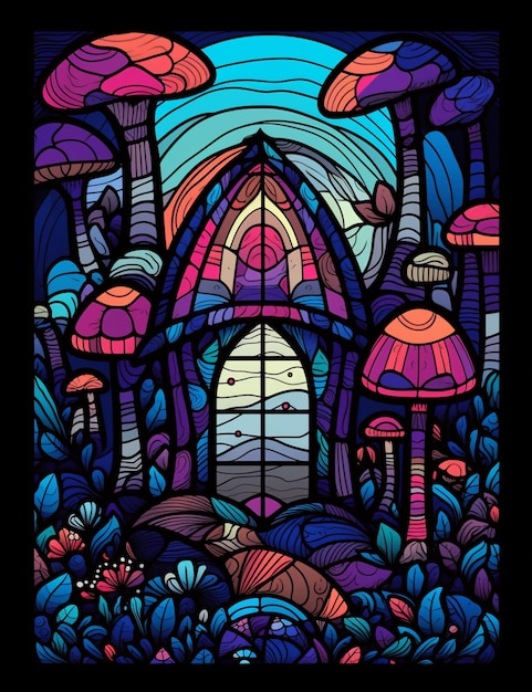 a close up of a stained glass window with a building in the background generative ai