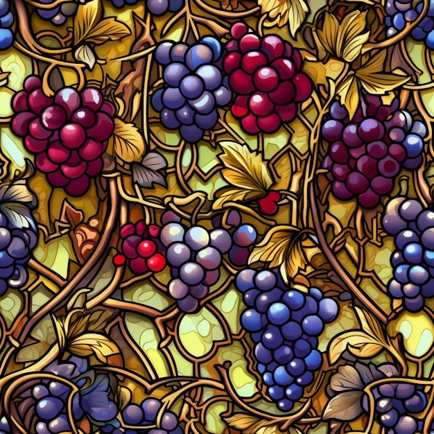 A close up of a stained glass window with a bunch of grapes generative ai