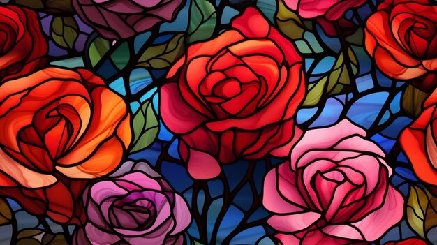 a close up of a stained glass window with a bunch of roses generative ai