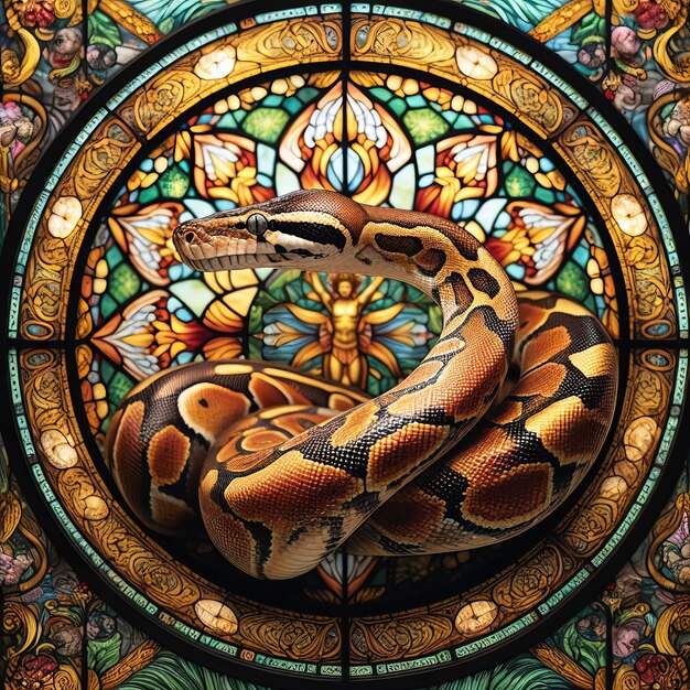 A close up of a stained glass window with an burmese python