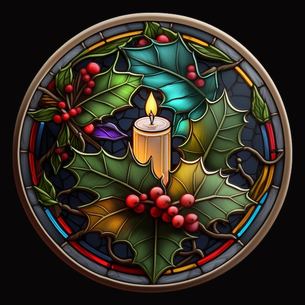 A close up of a stained glass window with a candle generative ai