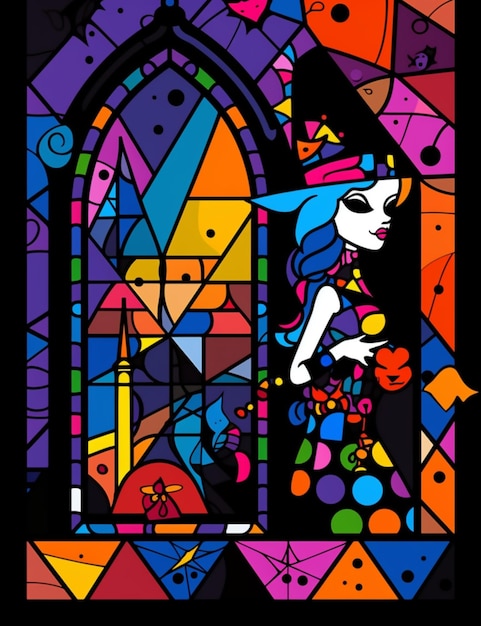 a close up of a stained glass window with a cartoon character generative ai