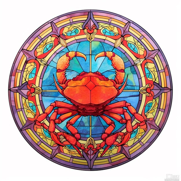 A close up of a stained glass window with a crab on it generative ai