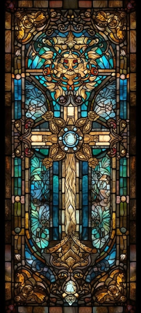 A close up of a stained glass window with a cross on it generative ai