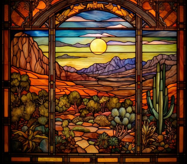 a close up of a stained glass window with a desert scene generative ai