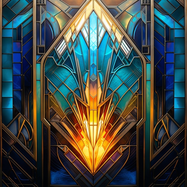 A close up of a stained glass window with a fire in it generative ai