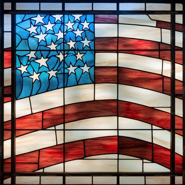 A close up of a stained glass window with a flag on it generative ai