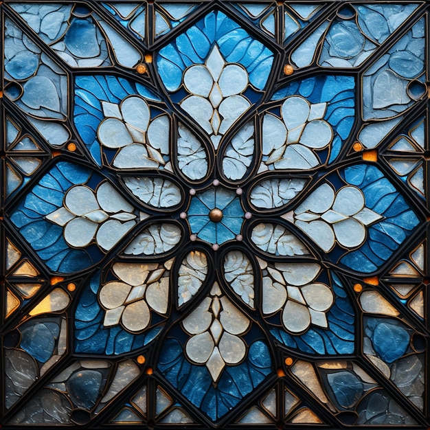 a close up of a stained glass window with a flower design generative ai
