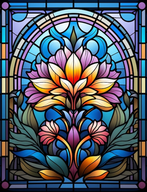 A close up of a stained glass window with a flower generative ai