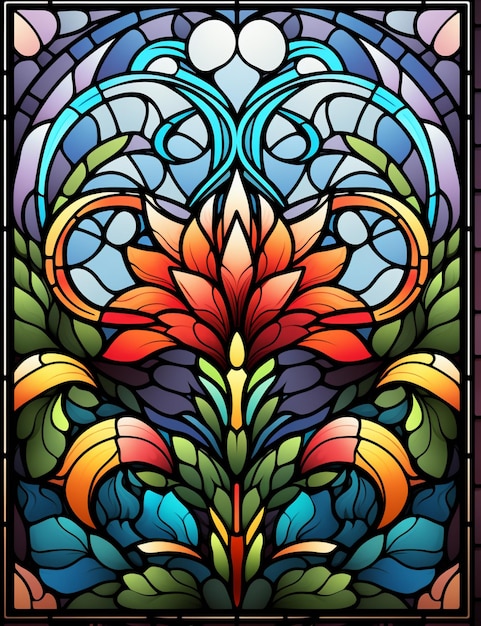 A close up of a stained glass window with a flower generative ai