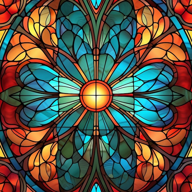 A close up of a stained glass window with a flower generative ai