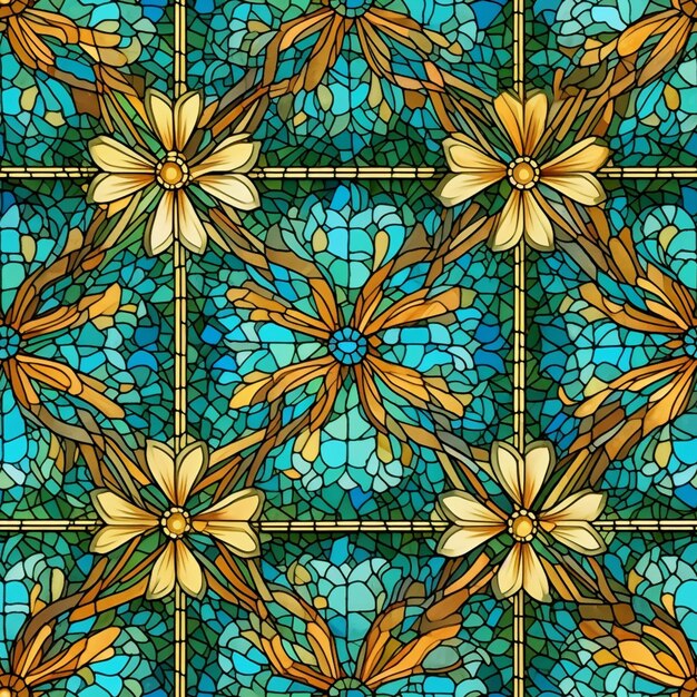 Photo a close up of a stained glass window with a flower pattern generative ai