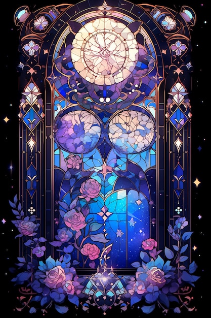 A close up of a stained glass window with flowers and butterflies generative ai