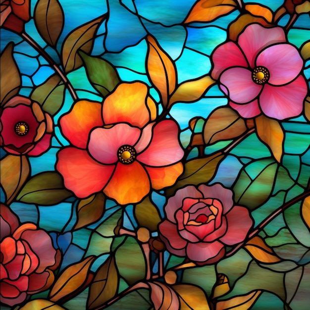 a close up of a stained glass window with flowers on it generative ai