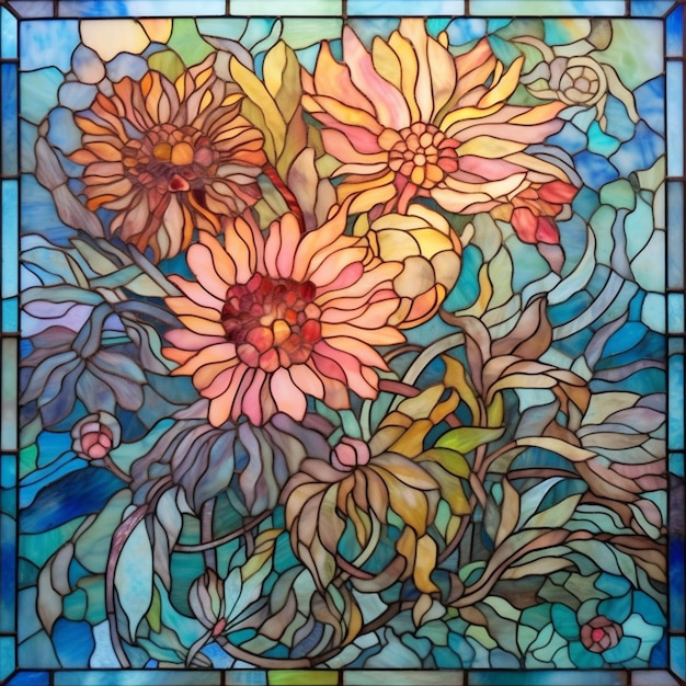 a close up of a stained glass window with flowers in it generative ai