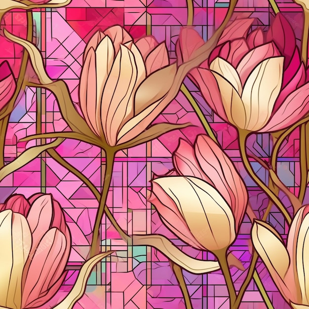 A close up of a stained glass window with flowers on it generative ai