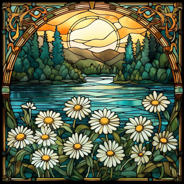 a close up of a stained glass window with flowers and a lake generative ai