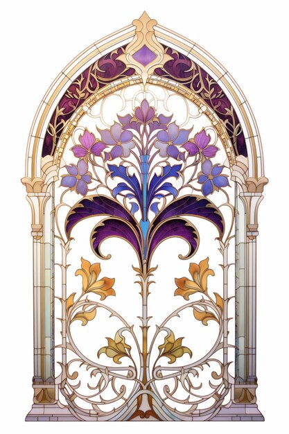 a close up of a stained glass window with flowers and vines generative ai