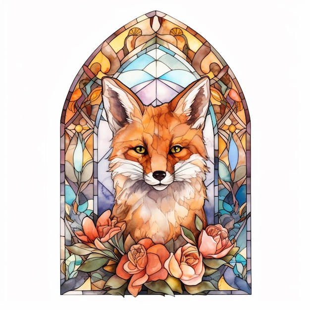 A close up of a stained glass window with a fox generative ai