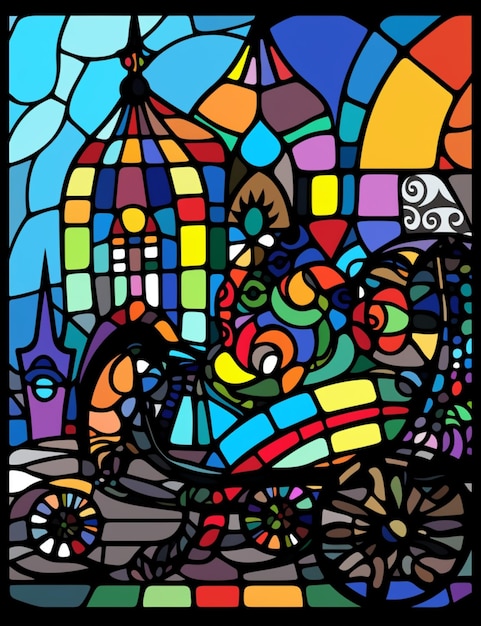 a close up of a stained glass window with a horse and carriage generative ai