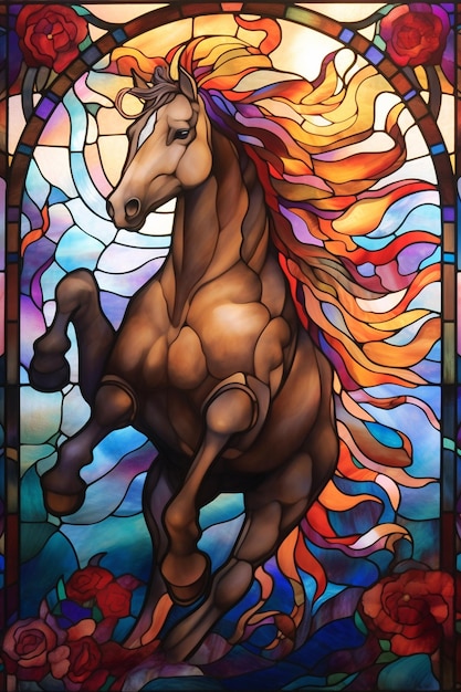 A close up of a stained glass window with a horse generative ai