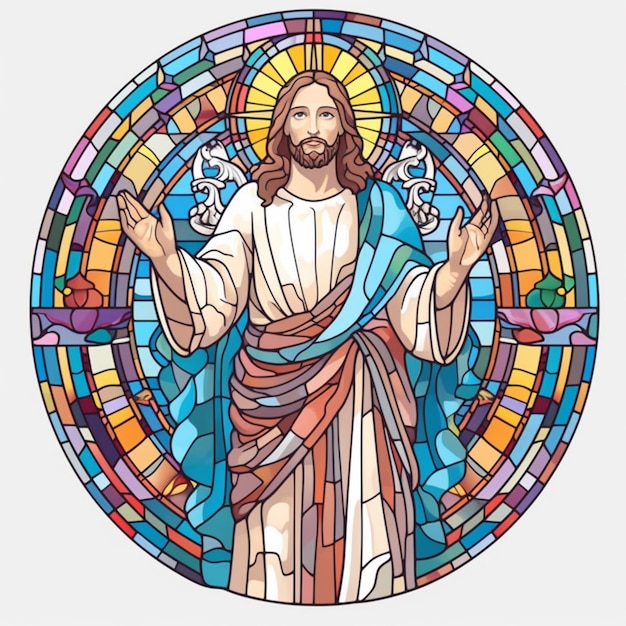 A close up of a stained glass window with a jesus generative ai