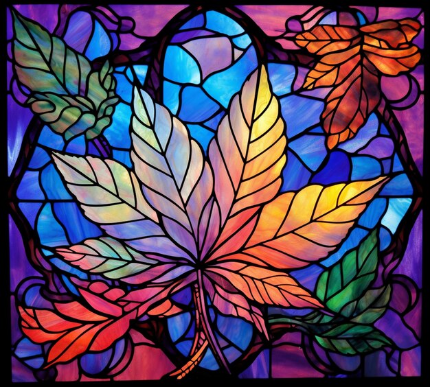 A close up of a stained glass window with a leaf generative ai