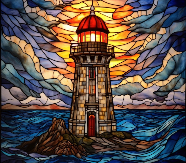 a close up of a stained glass window with a lighthouse on it generative ai